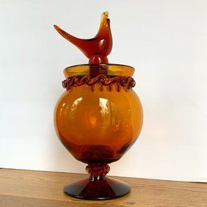 VTG Compote Hand Blown Rigaree Trim Lidded Rooster Amber Pedestal Art Glass